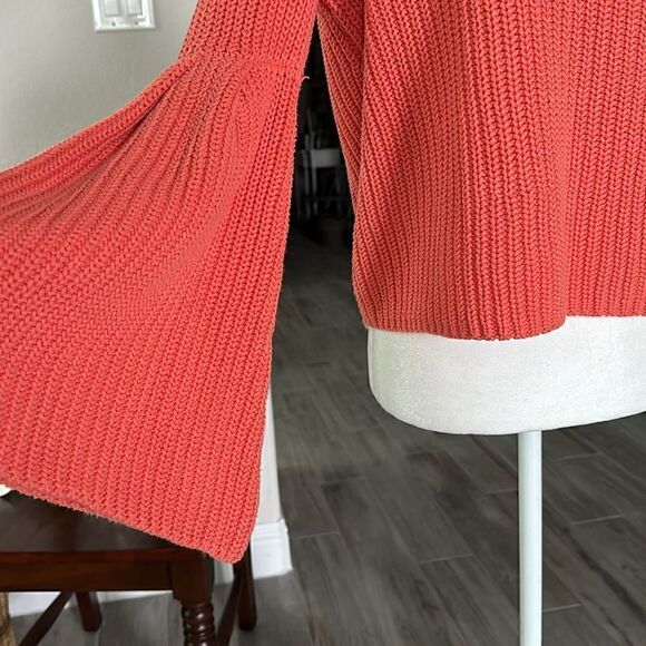 Free People Damsel Sweater Coral V Neck Bell Sleeves Cotton Ribbed Chunky Knit - Picture 7 of 12